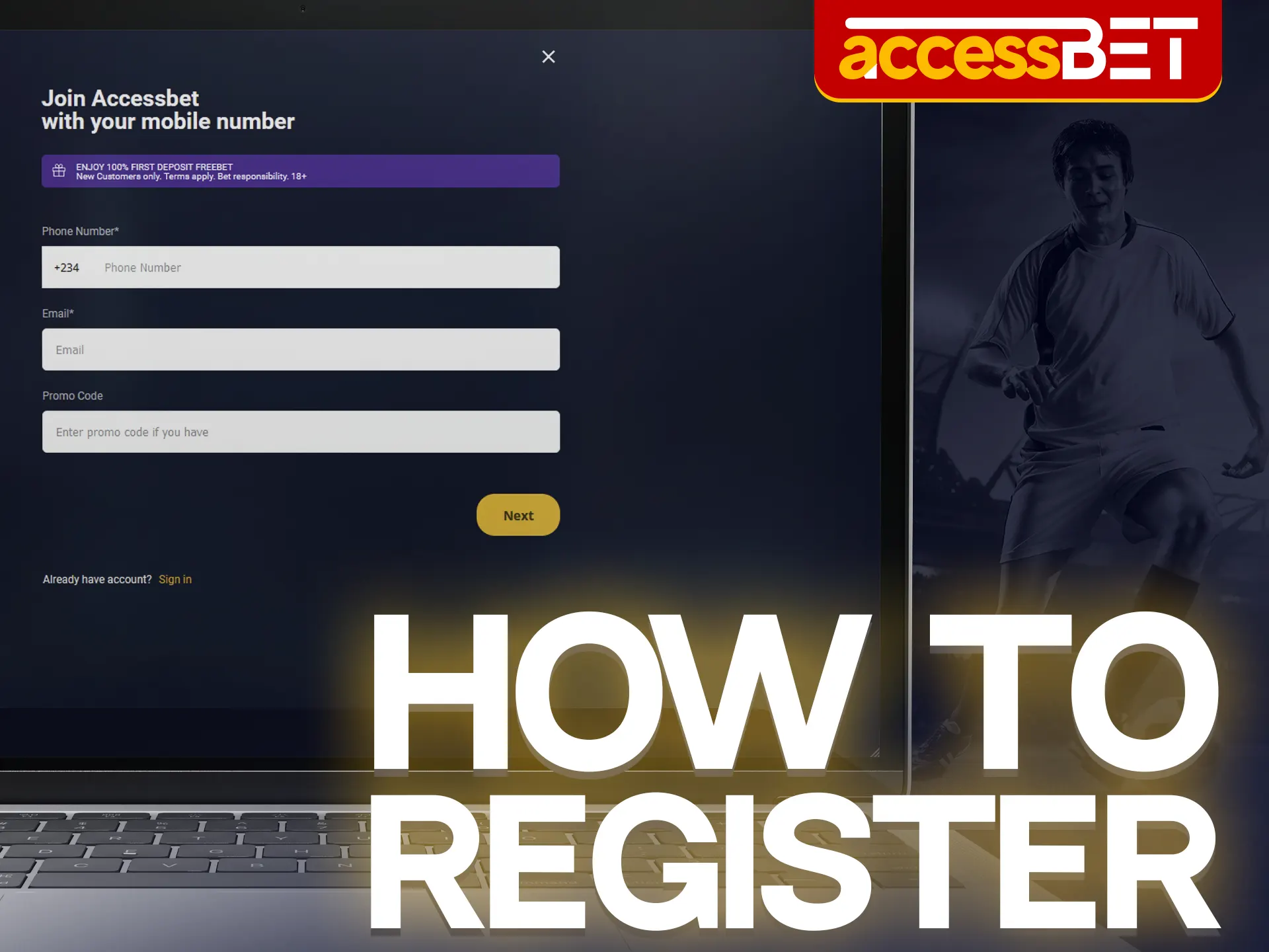 Easy step-by-step instructions on how to register on the Accessbet website.