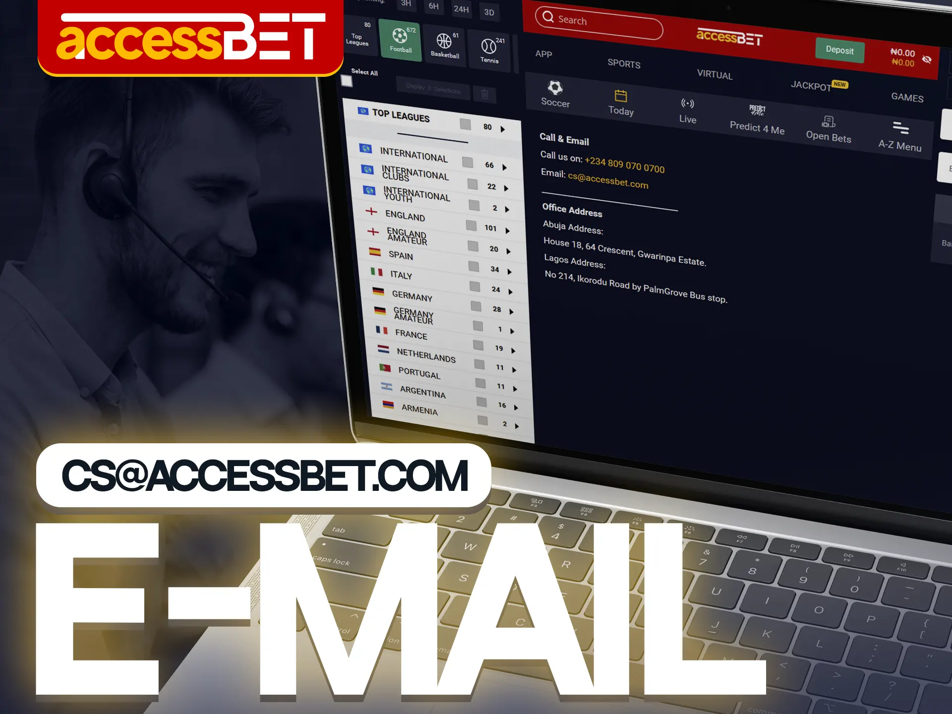 Users can contact the AccessBet support team via email by sending a detailed description of their problem.